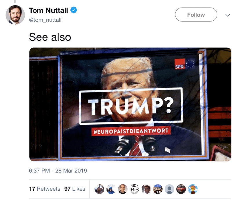 Afiș electoral al social-democraților germani, care au promovat hashtag-ul #europaistdieantwort (Europa e răspunsul). SURSA: Twitter / Tom Nuttall, șeful biroului The Economist din Berlin.