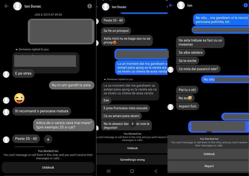 Fragmente dintr-o discuție pe Messanger cu o studentă de 18 ani, care l-a căutat pe Duvac pentru terapie. Psihologul insistă ca tânăra să-și înceapă viața sexuală cu o persoană „matură”.