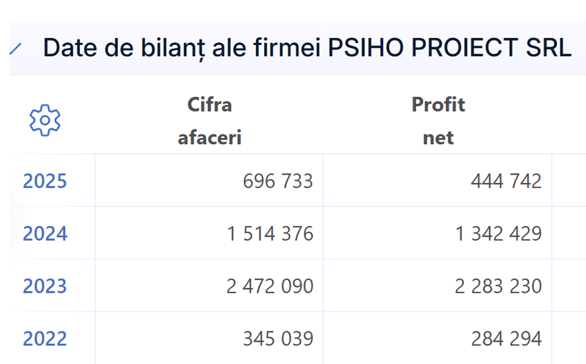 Evoluția cifrei de afaceri și a profitului net ale firmei Psiho Proiect SRL, deținută de Florin Alin Sava, în perioada 2022 - 2025.