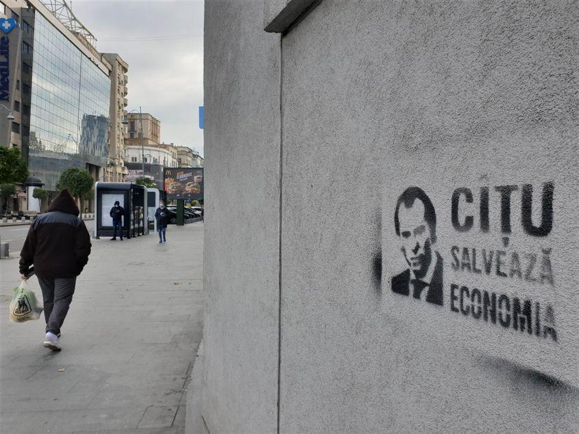 Portretul prim-ministrului Florin Cîțu, într-un graffiti. Lucian Muntean