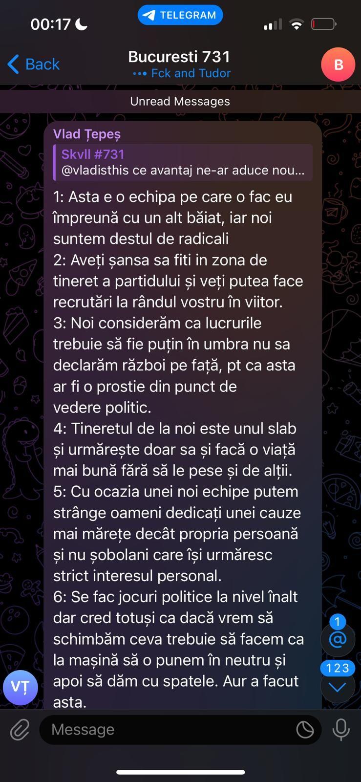 Argumentele aduse de Vlad Petre când este întrebat de neonaziști de ce ar ajuta AUR. Captură de ecran via Telegram