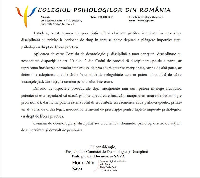 Răspunsul Colegiului Psihologilor la o solicitare PressOne în care întrebam de ce refuză să investigheze un alt caz de abuz terapeutic documentat de redacție