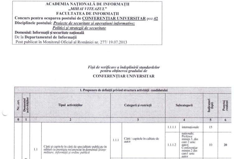 Fişa de verificare a îndeplinirii standardelor pentru obţinerea gradului de conferenţiar universitar. CLICK pe imagine pentru a vedea întregul fişier PDF.