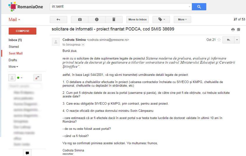 Solicitarea transmisă Ministerului Educației în data de 21 octombrie