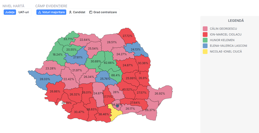 Județele câștigate de Călin Georgescu