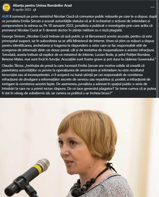 AUR folosește hărțuirea Emiliei Șercan în scop electoral. Captură de ecran via Facebook