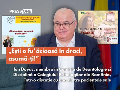 Ion Duvac, doctor în psihologie și membru în Comisia de Deontologie și Disciplină a Colegiului Psihologilor din România, își hărțuiește sexual clientele prin propuneri sexuale explicite și cere poze cu părțile intime ale femeilor, încă de la prima ședință, potrivit unei înregistrări ajunse în posesia redacției