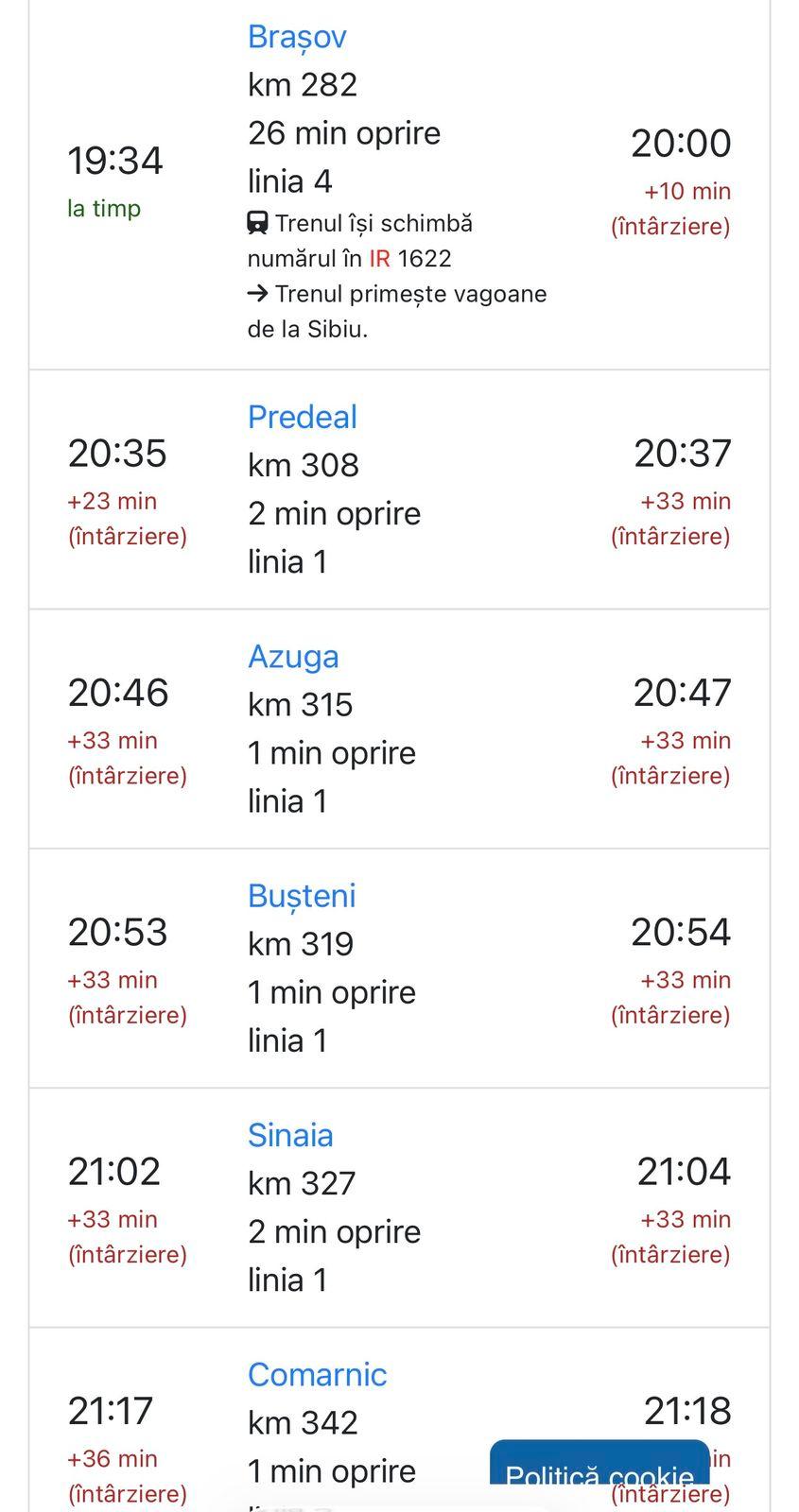 Trenul a avut întârziere încă de la plecare Foto: captură de ecran Laura Popa