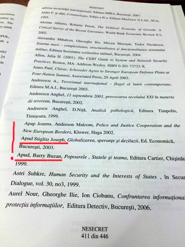 În bibliografia tezei sale, Petre Tobă i-a inclus pe Joseph Stiglitz și pe Barry Buzan la litera A. După Apud.