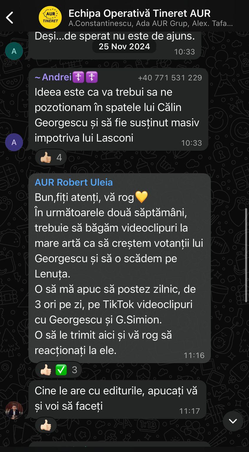 Robert Uleia mobilizează tinerii din AUR pentru a produce propagandă pro-Georgescu pe TikTok. Captură de ecran via WhatsApp