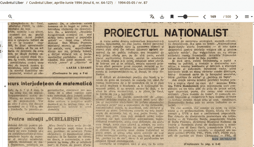 În '94, Dungaciu se asocia cu ziare și organizații responsabile pentru evenimentele sângeroase din Târgu Mureș. Captură de ecran via arcanum.com
