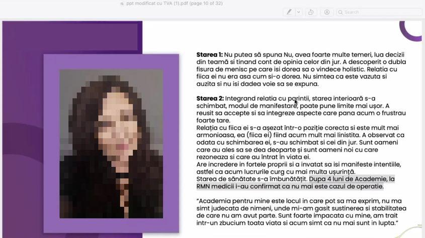 Consultanta Academiei spune că metoda a scăpat-o de operație pe o doamnă care avea dublă fisură de menisc. Captură de ecran din timpul call-ului prin Zoom, detaliile privind identitatea persoanei au fost cenzurate