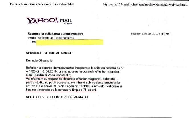 Răspunsul primit de Ion Olteanu la solicitarea de accesare a dosarelor magistraților care l-au condamnat