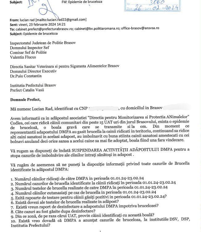 Sesizarea făcută de Lucian Rad cu privire la cazul de bruceloză