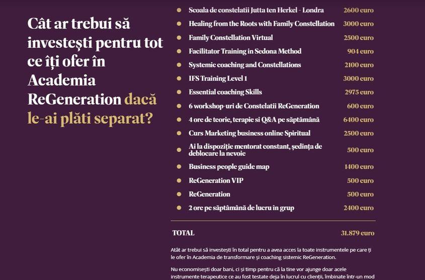 Câți bani ar fi trebuit să cheltuiesc dacă aș fi vrut să învăț în mod independent tot ce te învață Academia. Captură foto via academiaregeneration.ro