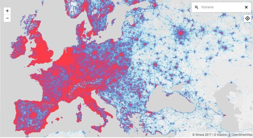 Harta Europei, înregistrată de Strava în funcție de pistele și traseele de bicicletă.