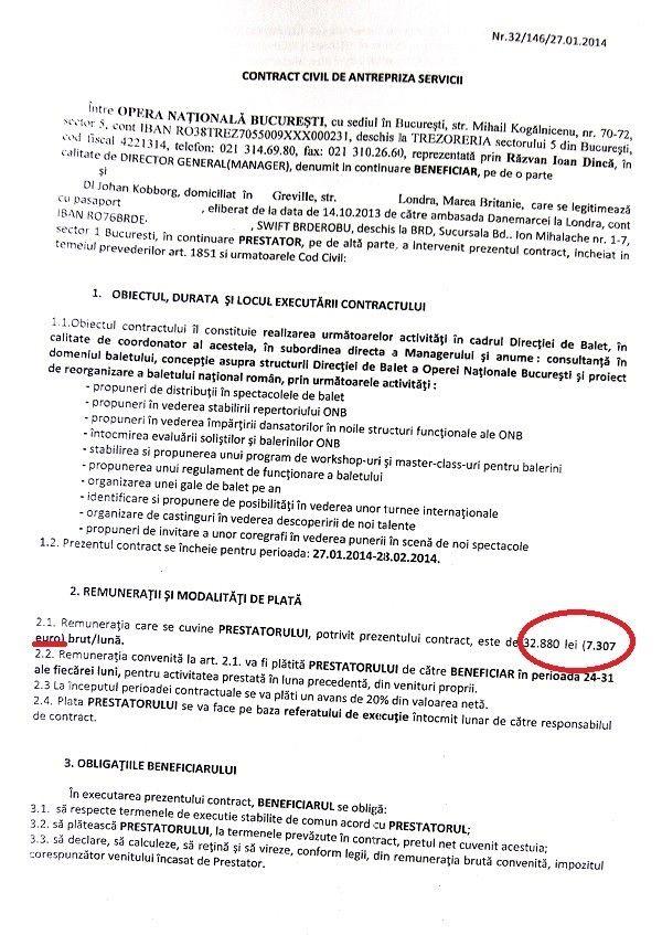 Contractul de antrepriză semnat de Johan Kobborg cu Opera Națională București.