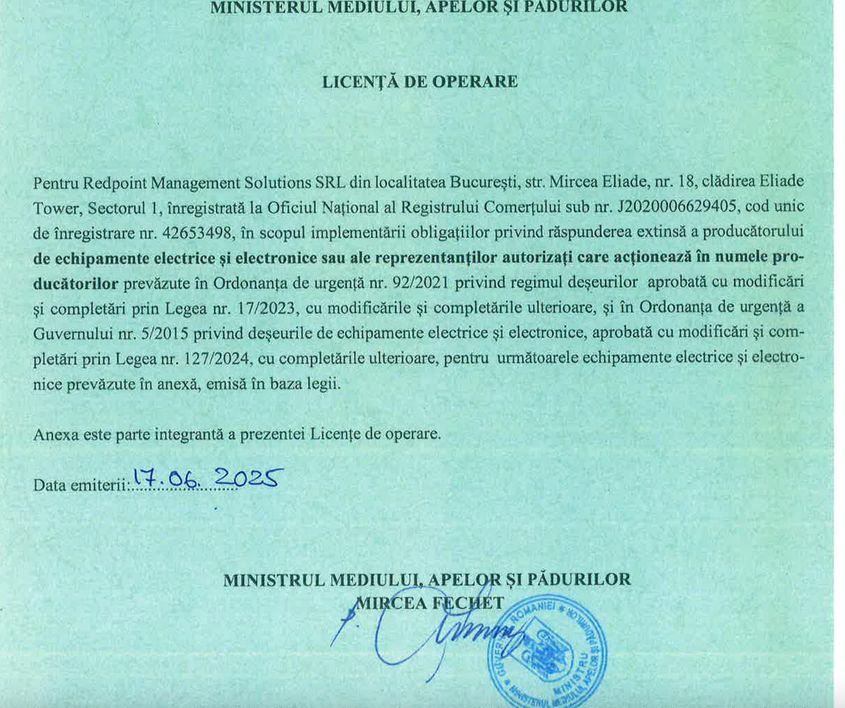 Licența de operare a Redpoint Management, semnată de fostul ministru al Mediului, Mircea Fechet