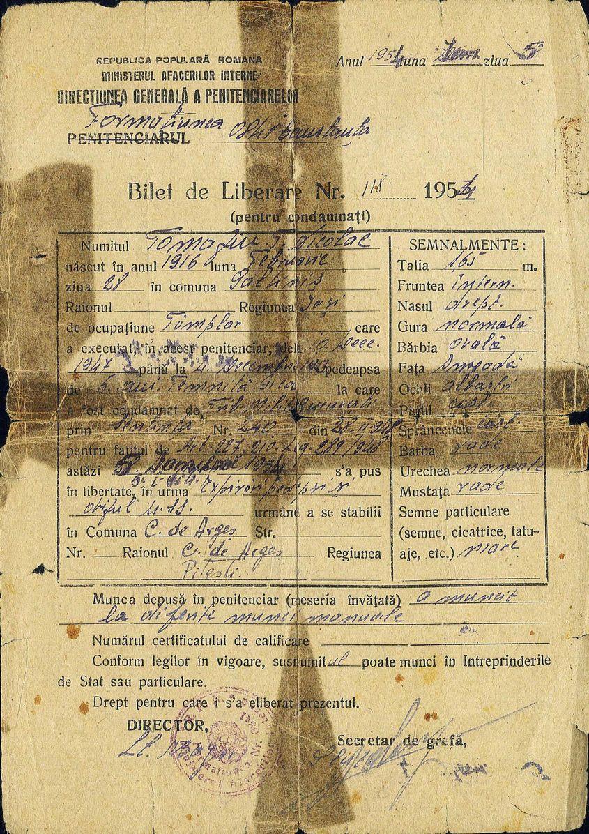 Biletul de liberare din penitenciar, din 1954.