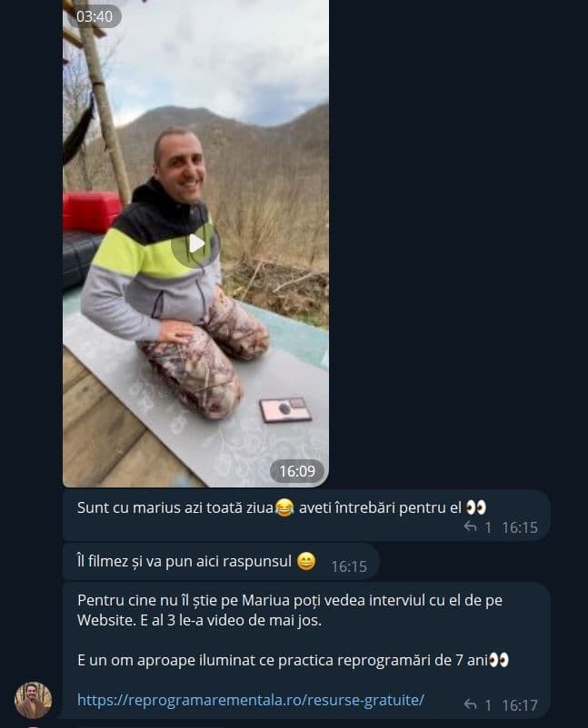 Emanuel Giurgi crede că bărbatul de la care a preluat tehnica de reprogramare, Marius Grad, este „un om aproape iluminat”. Captură foto via Telegram