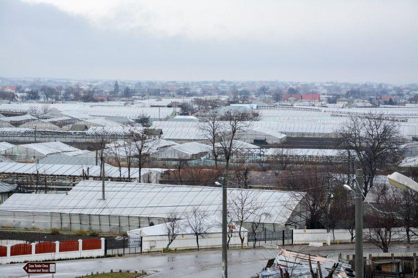 Din amestecul de case şi solarii se mai disting turlele bisericilor.