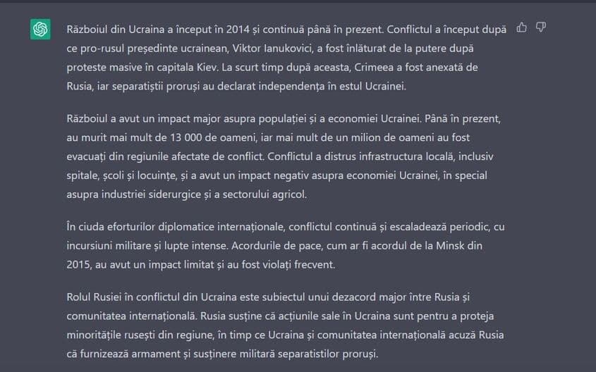 Prima parte dintr-un eseu despre războiul din Ucraina, scris de ChatGPT