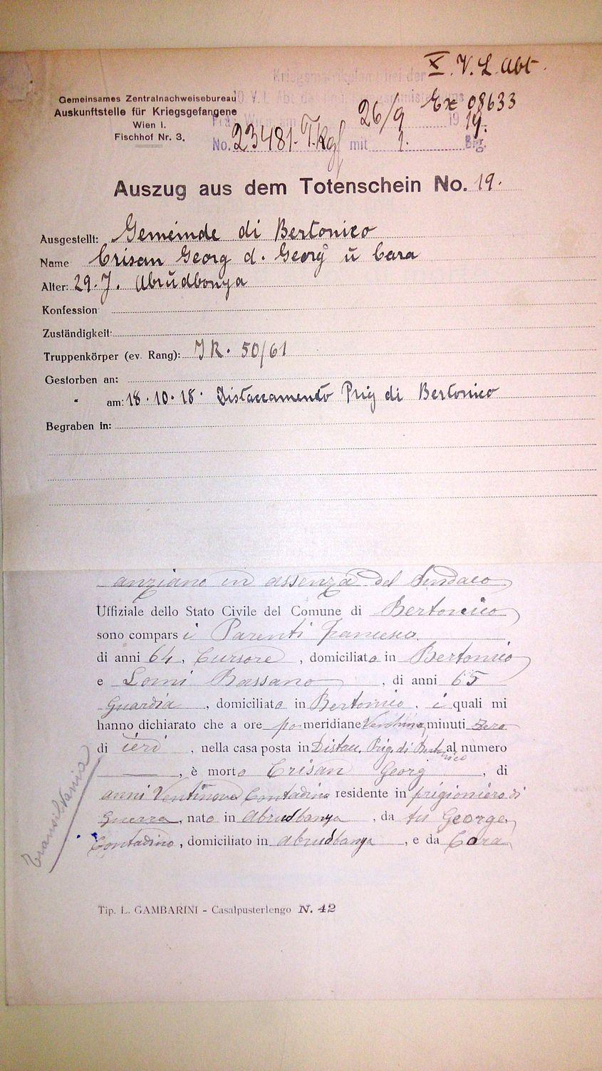 Certificatul de deces al soldatului George Crișan, căzut prizonier în Italia în 1916.