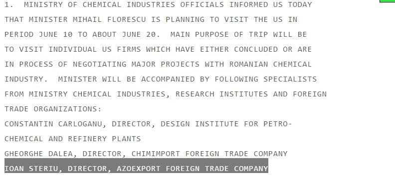 Una dintre telegramele WikiLeaks în care apare numele lui Ioan Steriu.