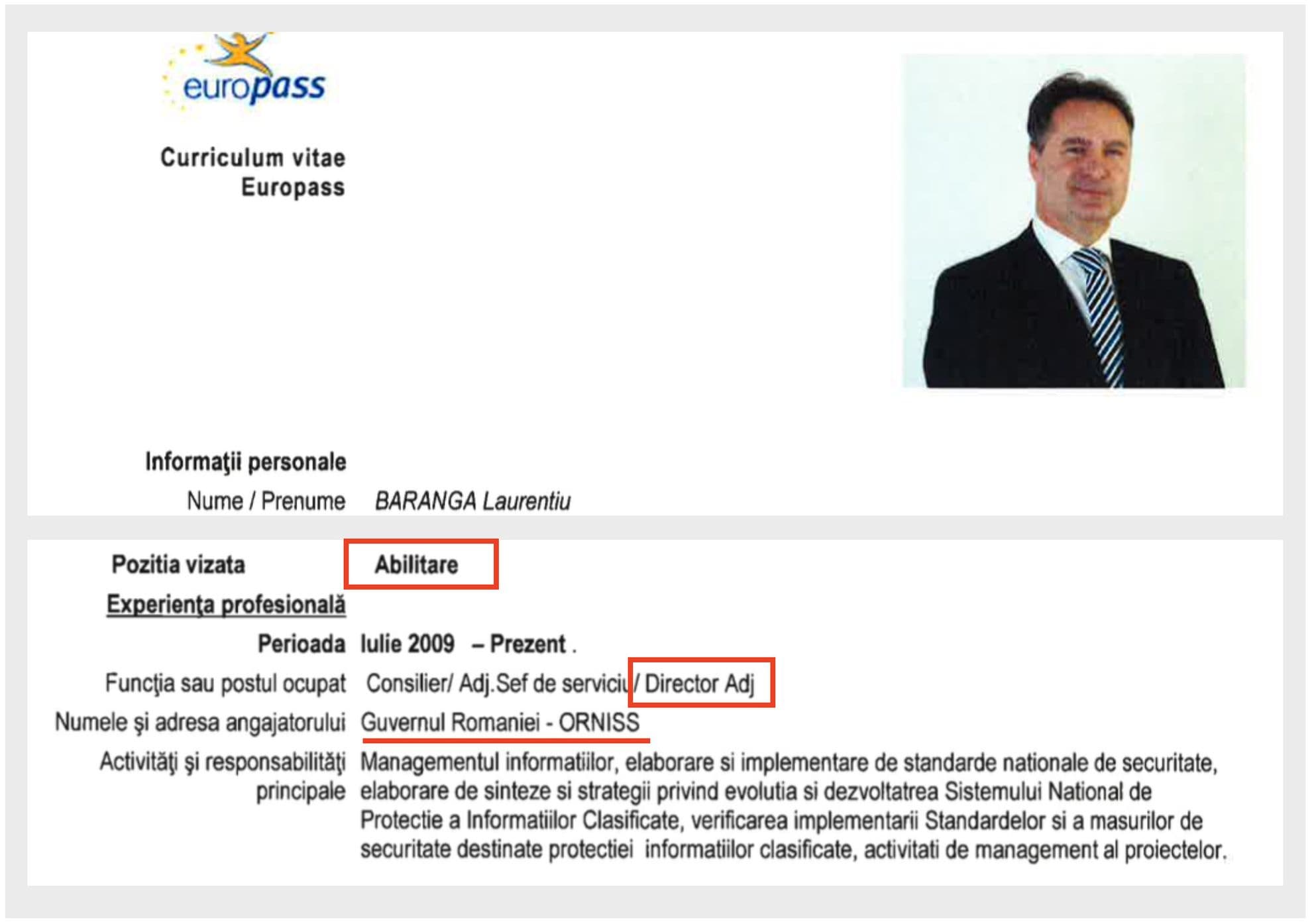 În CV-ul întocmit în 2017 pentru abilitarea de conducător de doctorate, Laurențiu Barangă scrie că a fost, pe rând, consilier, adjunct de șef de serviciu și “Director Adj” al ORNISS