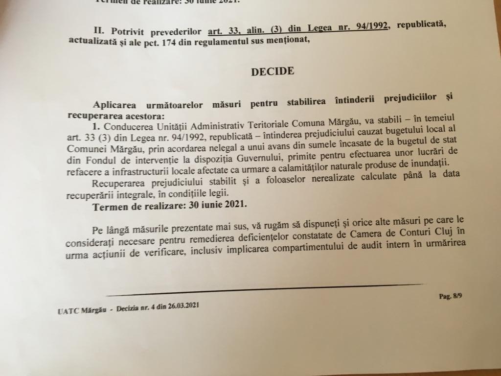 În Raportul Curții de Conturi, Primăriei Mărgău i se dă termen până în 30 iunie 2021 să recupereze avansul nelegal încasat de la bugetul de stat din Fondul de Intervenție al Guvernului.