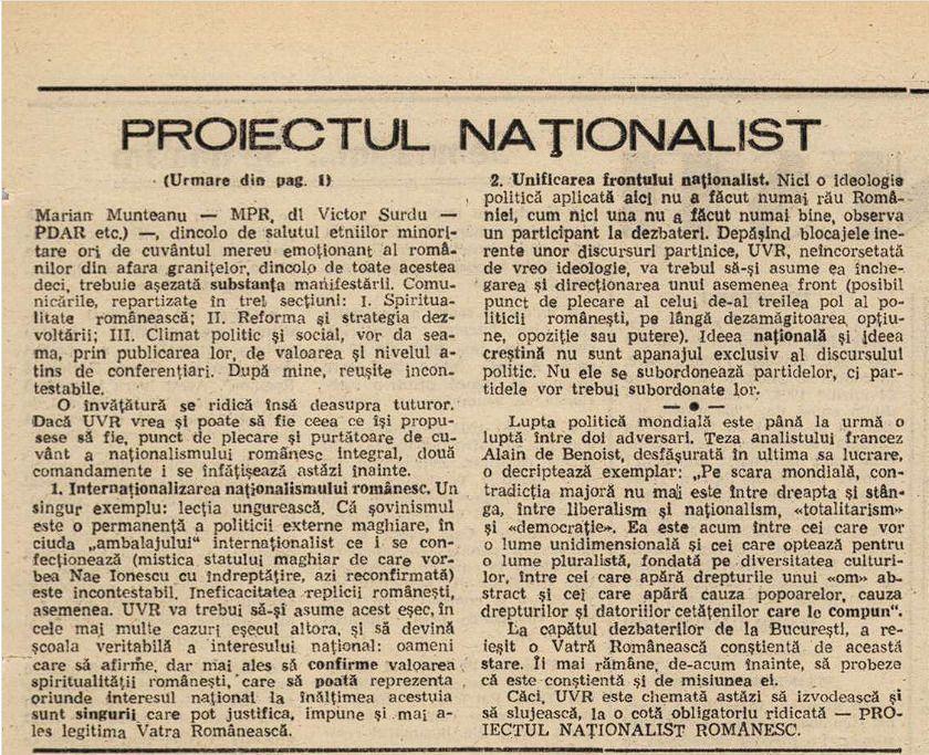 La doar 20 și ceva de ani, Dungaciu se profila ca un ideolog al naționalismului postdecembrist. Captură de ecran din Cuvântul Liber (1994) via arcanum.com