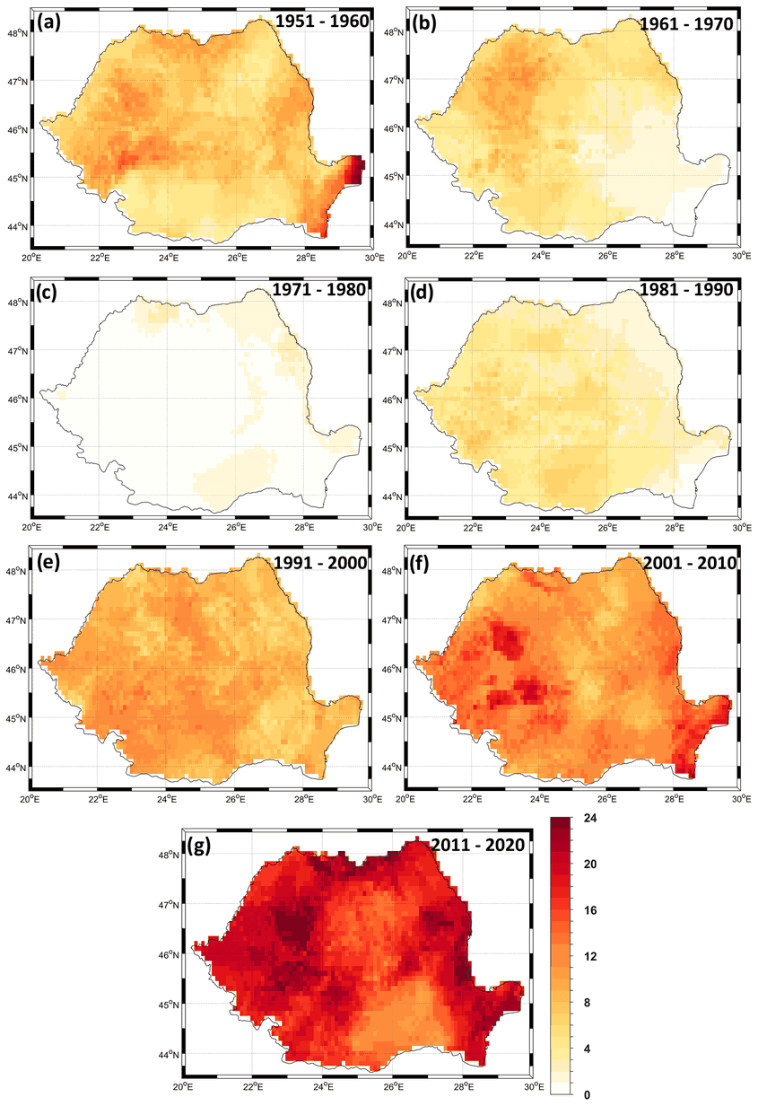 <em>Frecvența valurilor de căldură de vară pe deceniu în ultimii 70 de ani: (a) 1951–1960, (b) 1961–1970, (c) 1971–1980, (d) 1981–1990, (e) 1991–2000, (f) 2001–2010 și (g) 2011–2020. Sursă grafic: </em><a target="_blank" rel="noreferrer noopener" href="https://nhess.copernicus.org/articles/22/1347/2022/" target="_blank">Hotspots for warm and dry summers in Romania. Autori: <strong>Viorica Nagavciuc, Patrick Scholz, Monica Ionita</strong></a>