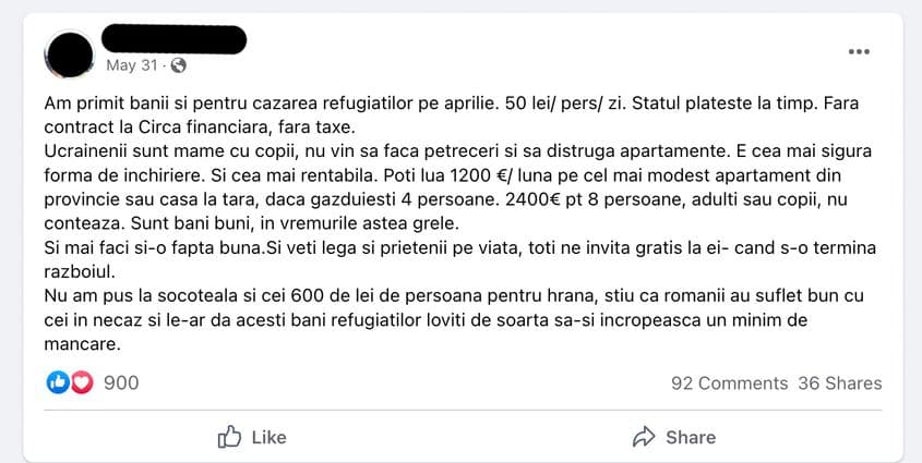 Postare de pe grupul de Facebook "Uniți pentru Ucraina"