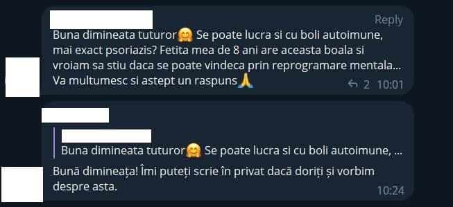 Unii oameni vin în comunitate pentru a-și vindeca rudele de boli fizice. Captură foto dintr-un grup de Telegram asociat proiectului de reprogramare mentală