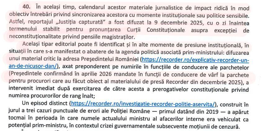 Captură din documentul CSM în care magistrații susțin că momentul publicării mai multor articole jurnalistice este corelat cu evenimente „politice sensibile”