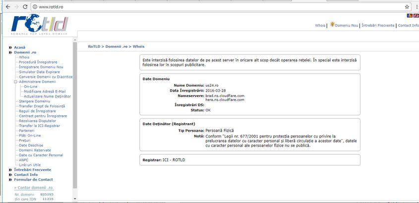 Datele furnizate de Romania Top Level Domain despre US24.ro