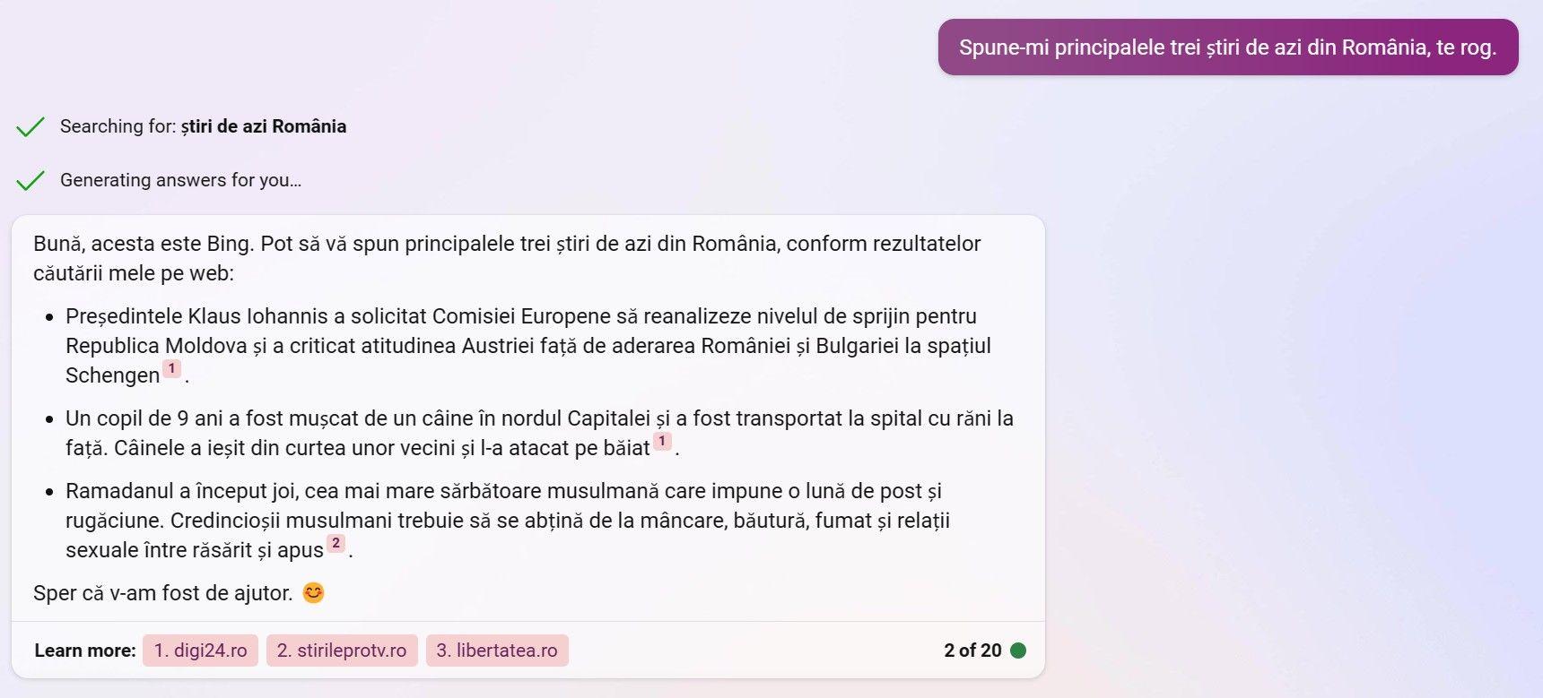 Rugat să-mi spună principalele știri de azi din România, versiunea de ChatGPT folosită de Bing a făcut o selecție puțin ciudată. Se ridică întrebarea: dacă oamenii se obișnuiesc să-și întrebe roboții care-s cele mai importante știri, cine face selecția?