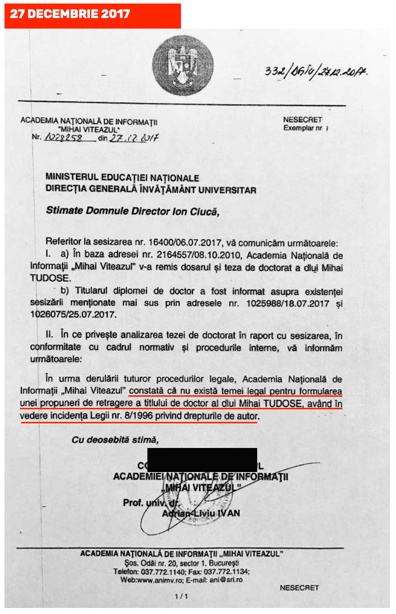 La jumătate de an după ce propria Comisie de Etică a emis verdict de plagiat pentru teza lui Mihai Tudose, Senatul Academiei SRI invalidează hotărârea acesteia