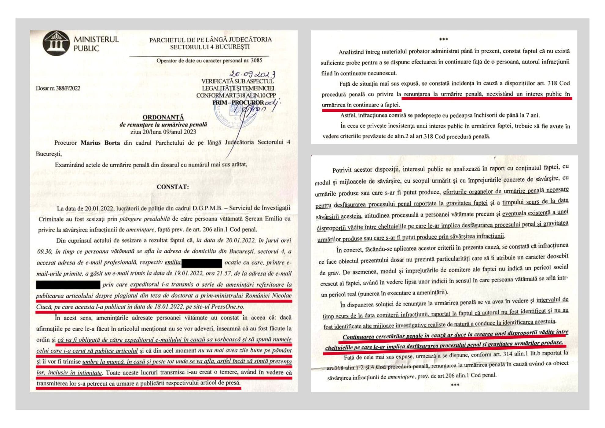 Extrase din ordonanța prin care procurorul Marius Borta a dispus renunțarea la urmărirea penală în cazul infracțiunii de amenințare din 19 ianuarie 2022, dosar anchetat de Parchetul de pe lângă Judecătoria Sector 4