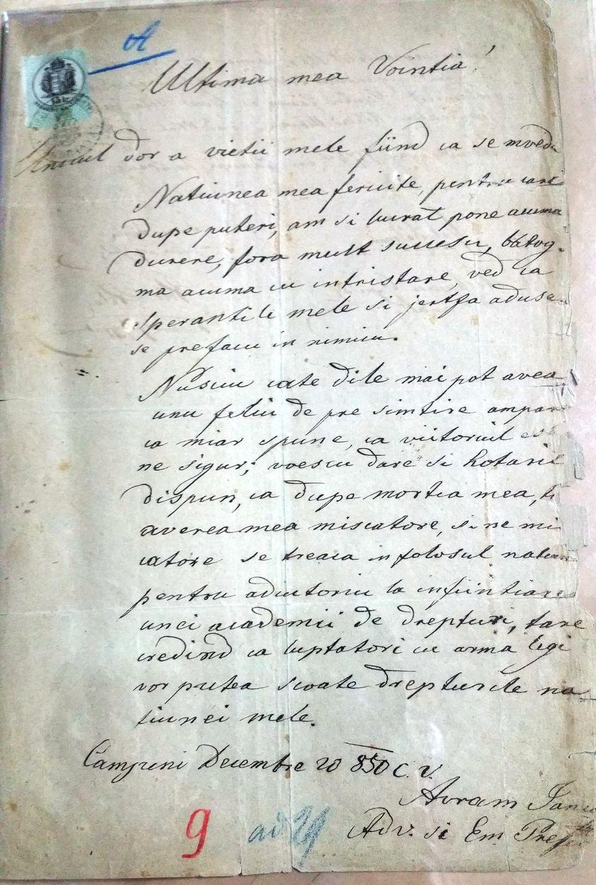 Prima pagină din testamentul lui Avram Iancu.