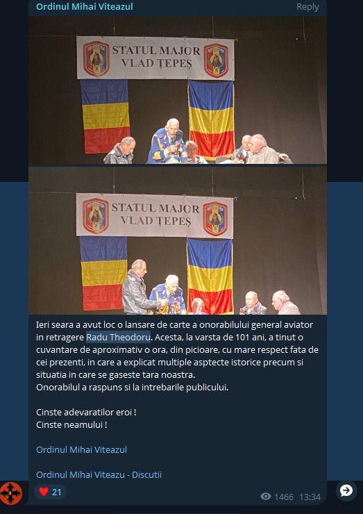 Borg Emperor este și un admirator al generalului antisemit Radu Theodoru. Captură de ecran via Telegram