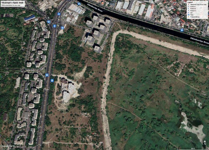 20 de ani mai târziu, spațiul verde vecin cu Parcul Natural Văcărești este redus la jumătate de construcții. Foto: Google Earth