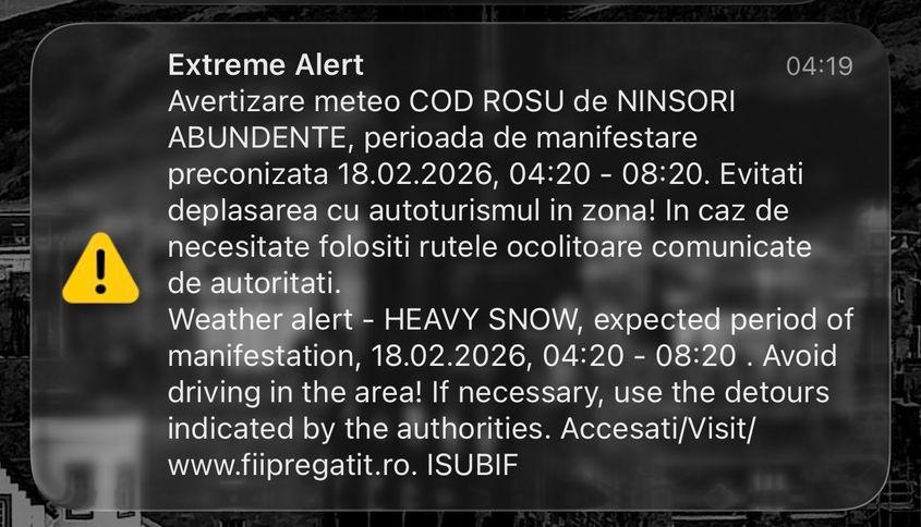 Mesajul RO-alert de ninsori abundente trimis la 4:19 în dimineața zilei de 18 februarie