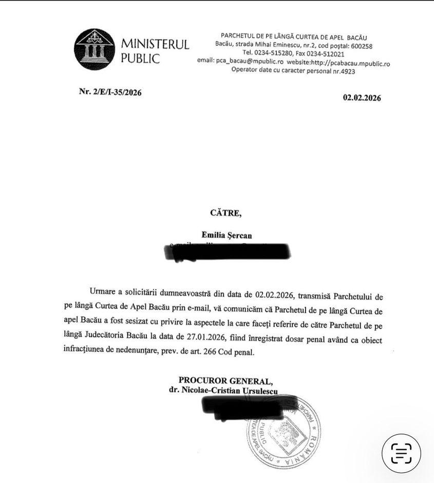 Răspunsul Parchetului de pe lângă Curtea de Apel Bacău