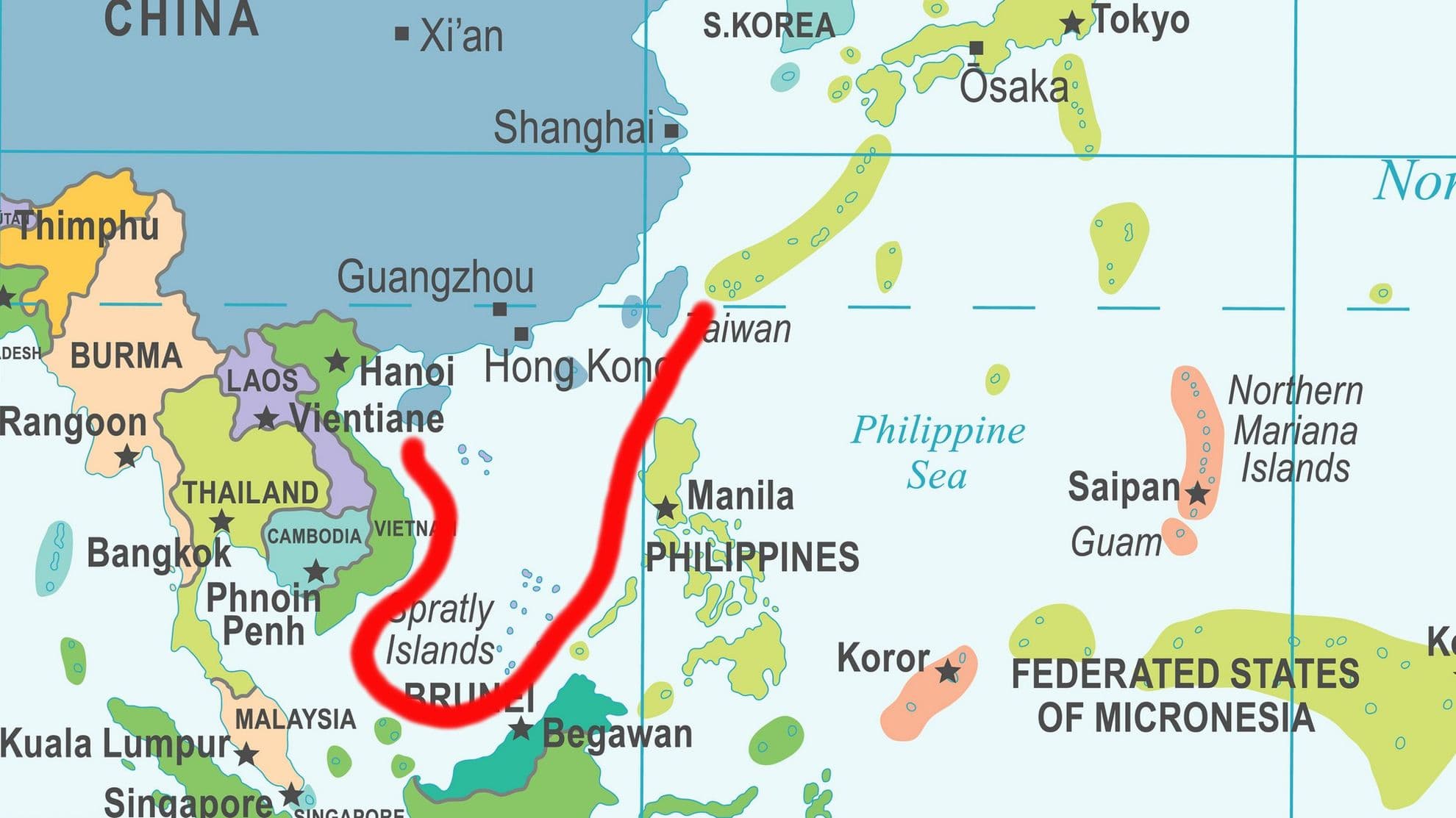 China dorește să domine Marea Chinei de Sud și a luat măsurile necesare pentru a pune asta în practică. Linia roșie a Chinei revendică mare parte din zonă. Harta: Valeriy Kaplun - Dreamstime.com