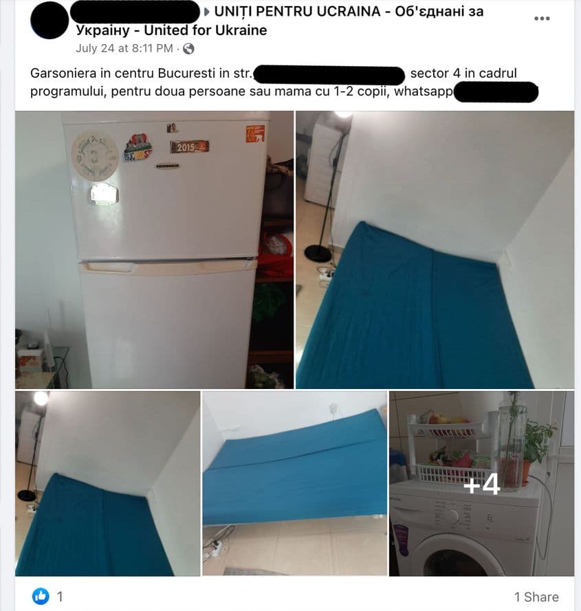 Postare de pe grupul de Facebook "Uniți pentru Ucraina" . O doamnă încearcă să convingă că această garsonieră e potrivită pentru o mamă cu doi copii