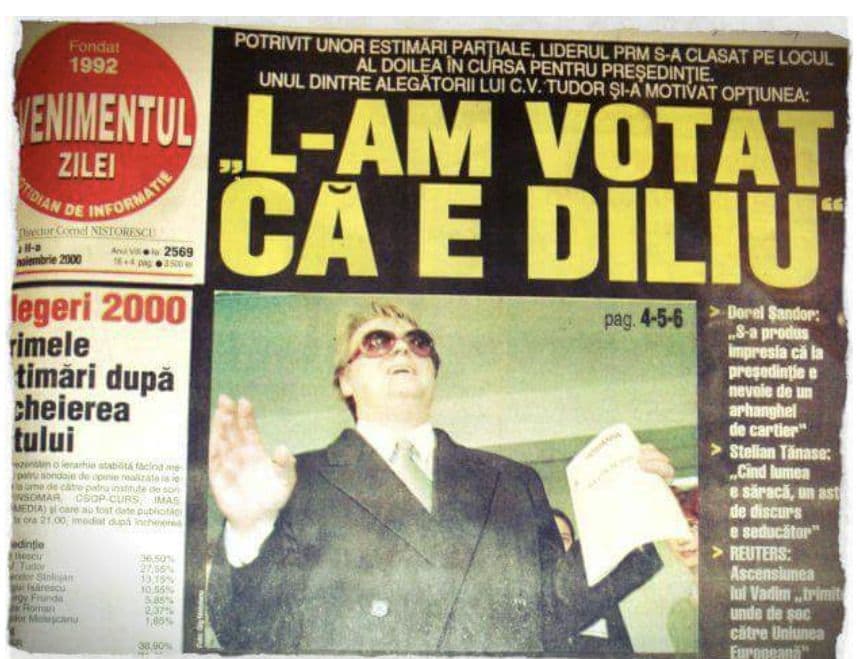 <em>Corneliu Vadim Tudor pe prima pagină din Evenimentul Zilei după primul tur al alegerilor prezidențiale din 2000</em>