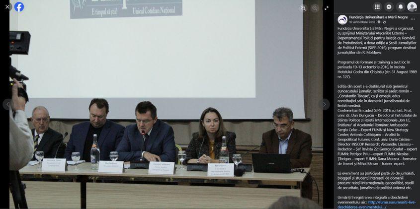 Dungaciu organiza ateliere de jurnalism într-un hotel deținut de firmele lui Plahotniuc. Captură de ecran via Facebook