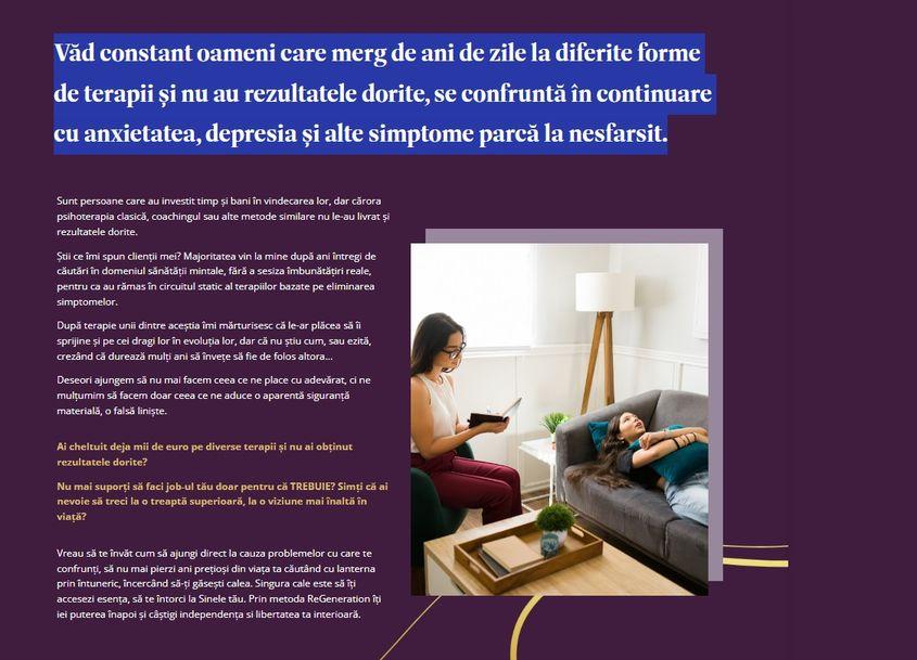 Anca Maftei crede că a inventat o metodă superioară de terapie. Captură de ecran via academiaregeneration.ro