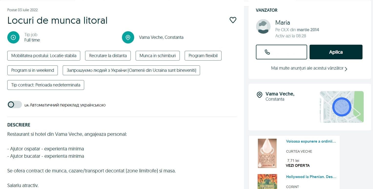 Anunțul nu spune nicăieri câte ore ar trebui să muncești, de fapt